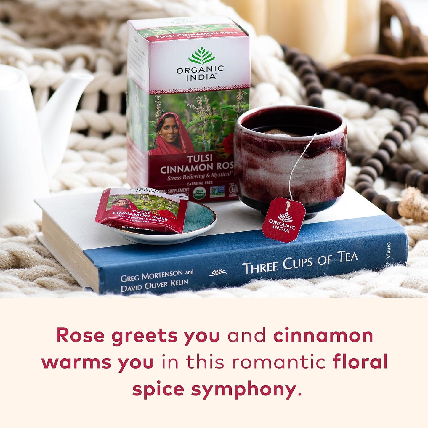 ORGANIC INDIA Tulsi Cinnamon Rose Tea Bags, 18 Infusion Bags, 6 Pack | Tulsi Rose Tea, Cinnamon with Holy Basil, Chamomile, Stevia, USDA Certified Organic Caffeine Free Herbal