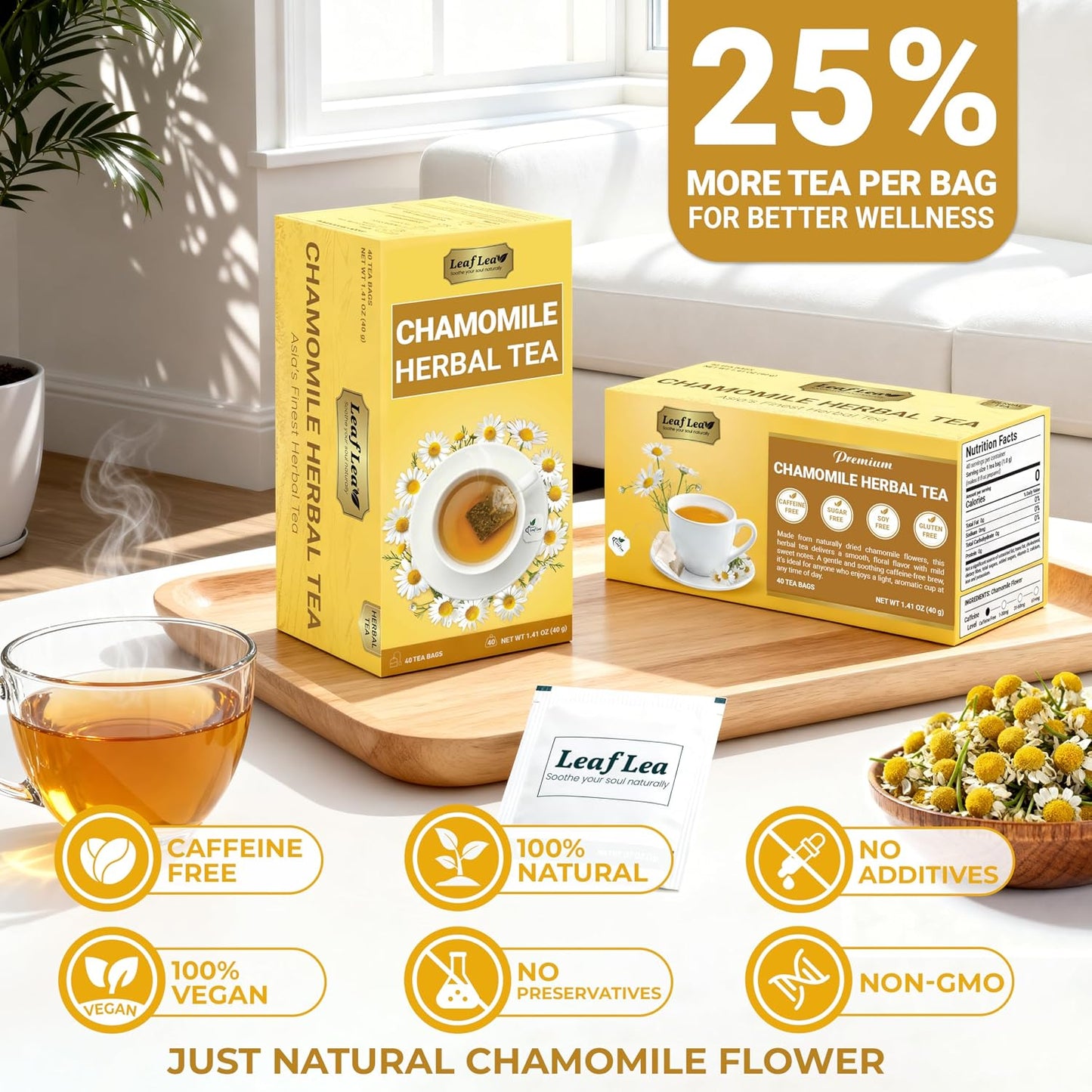 LeafLea Chamomile Herbal Tea Bags, Evening Bedtime Routine, 40 Count | From Chamomile Flowers, Gentle Floral Scent, Clean Smooth Finish, Caffeine-Free, Sugar-Free, Individually Wrapped