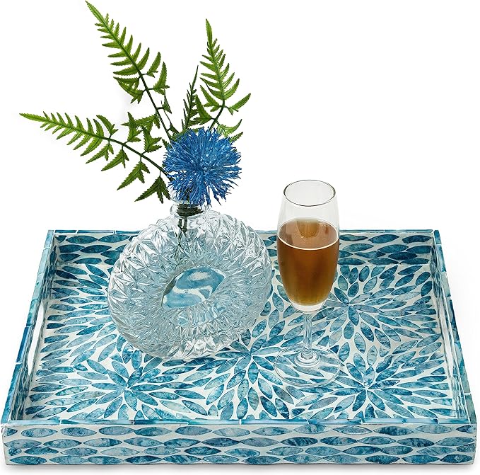 CLAYNIX Serving Tray 15.7" X11.8", Lacquer Mother of Pearl Inlay Mosaic Tray, Rectangle Wooden Marbl