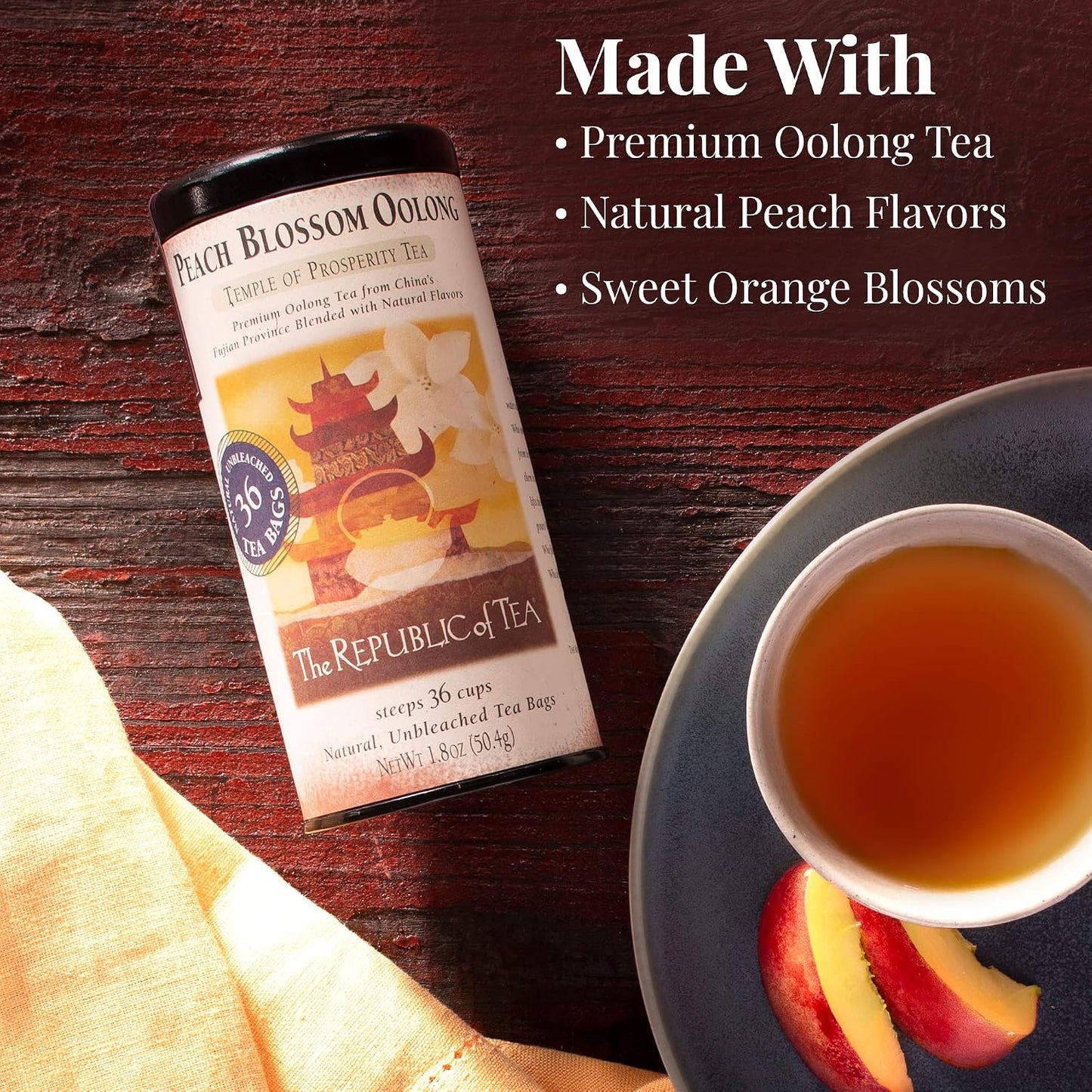 The Republic of Tea Peach Blossom Oolong Tea, Naturally Caffeinated, 36 Ct | Made for morning or afternoon . Silky and smooth with notes of lively citrus and ripe fruit. Gluten Free and Carb Free.