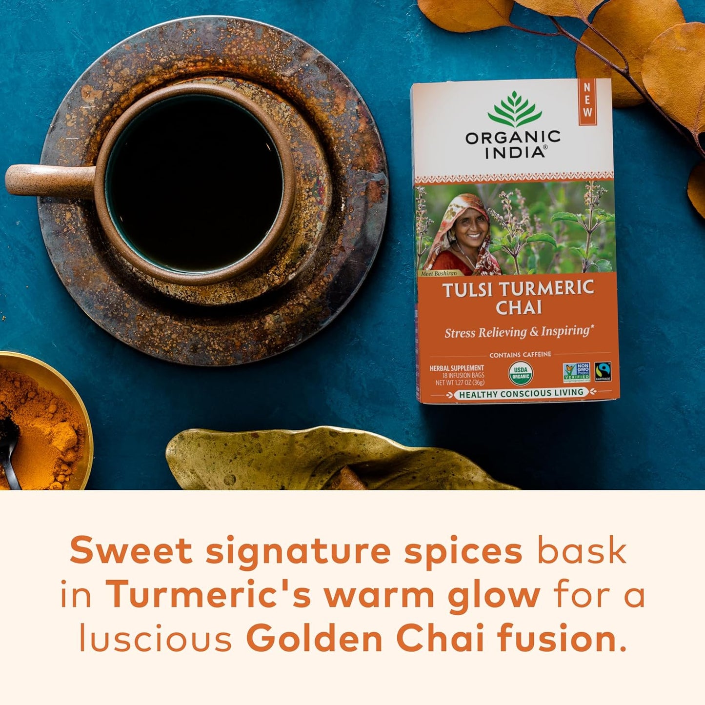 Organic India Tulsi Turmeric Chai Tea - Herbal Tea Bags with Caffeine, Ginger Root, Cinnamon, Holy Basil, Stress Relieving and Energizing, Immune Support, Helps Digestion - 18 Count, Pack of 6 | Turmeric Ginger Tea, Holy Basil, Black, Immune Support, Aids