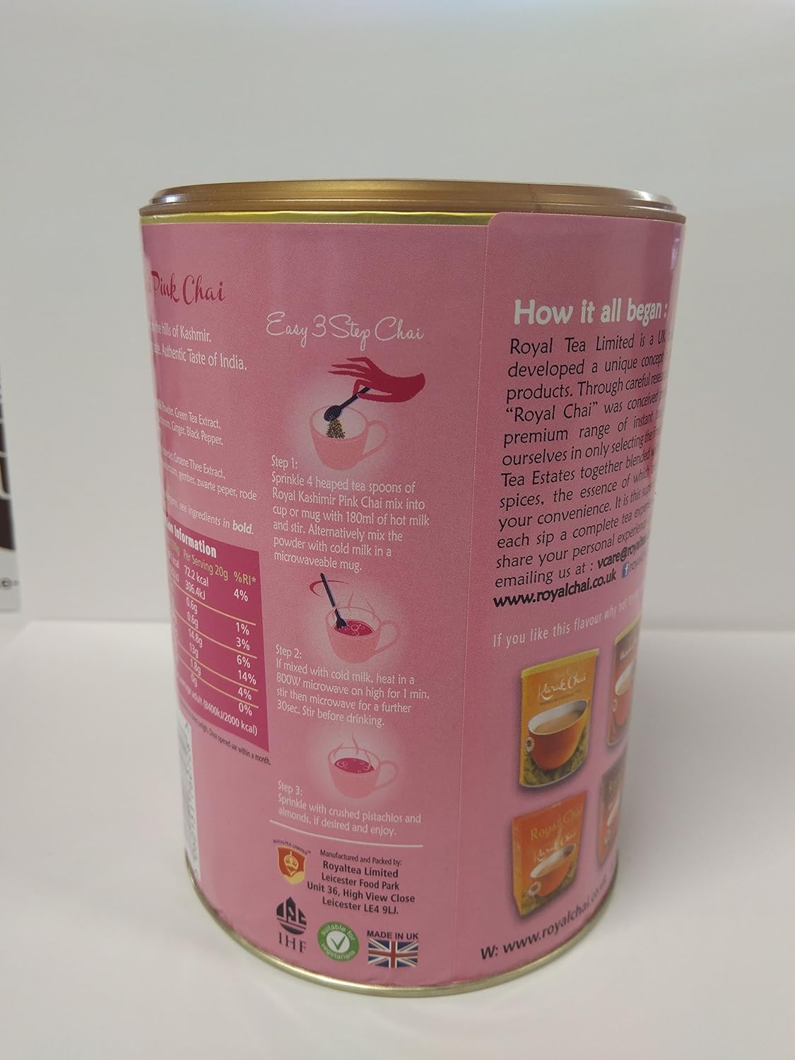 Royal Chai premium instant tea, Sweetened Kashmiri pink chai 400g tub