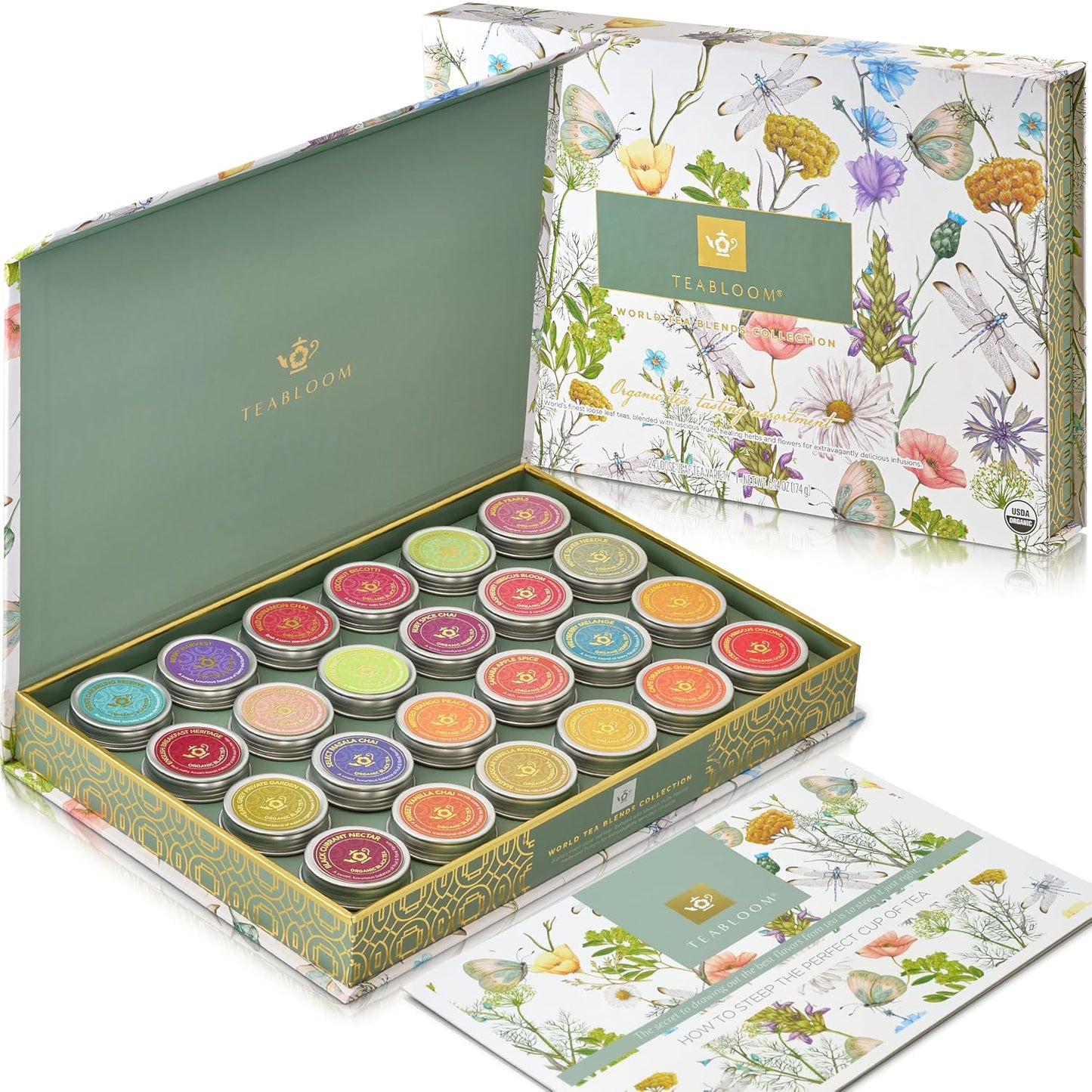 Teabloom Exceptional Organic & Kosher Certified Loose Leaf Tea Chest, World's Largest Tea Collection with 24 Varieties of Black, Green, White, Oolong
