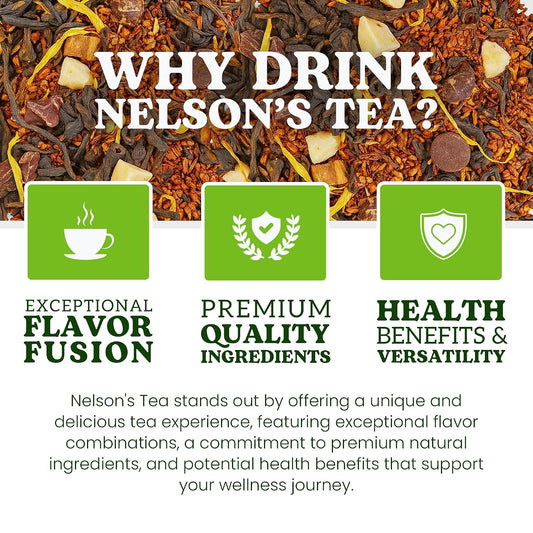 Nelson's Tea Chocolate Caramel Turtle Rooibos Tea, Sample 0.5 oz | Dessert Tea • Caffeine Free • Rooibos • Tea Chocolate • Loose Leaf Tea • Chocolate • Caramel