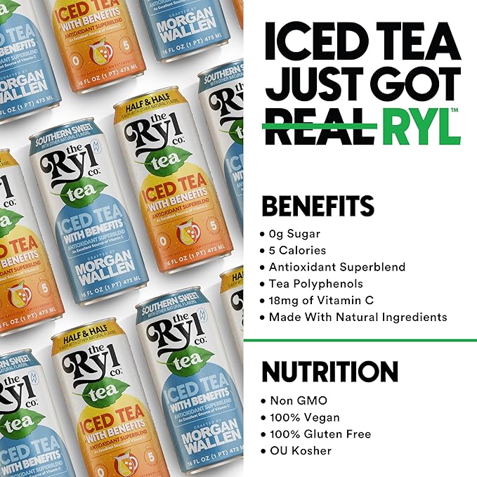 Ryl Iced Tea Front Porch Pack, Sweet Tea and Half N' Half – Antioxidant Superblend, No Artificial Ingredients, Zero Sugar, Five Calories, Low Carb, Non-GMO, Made in the USA, 12-Pack, 16 Fl Oz