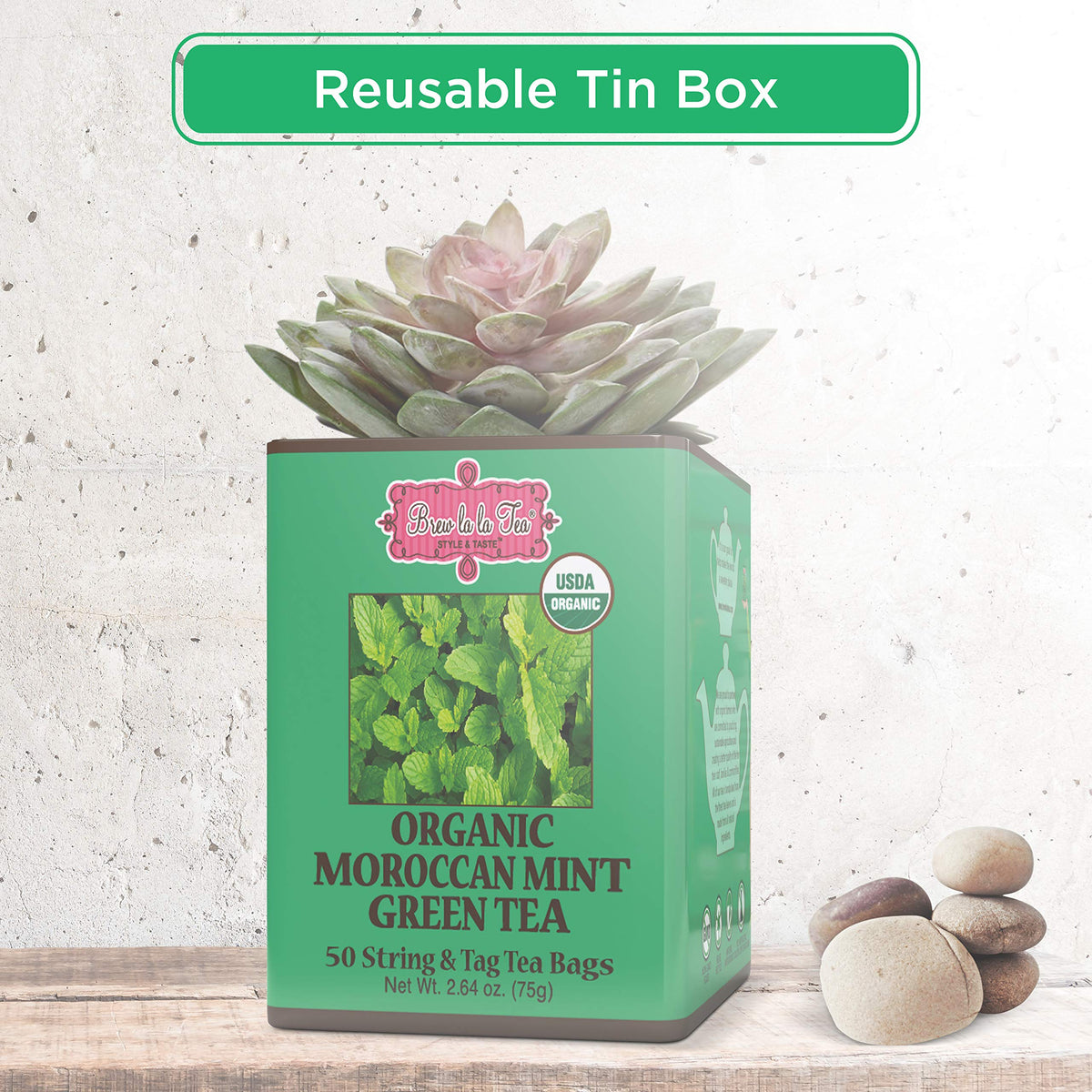 Brew La La Tea Brew La La Organic Green Tea - Moroccan Mint Flavor - 50 Double Chambered Bags - Low Caffeine Gourmet Tea