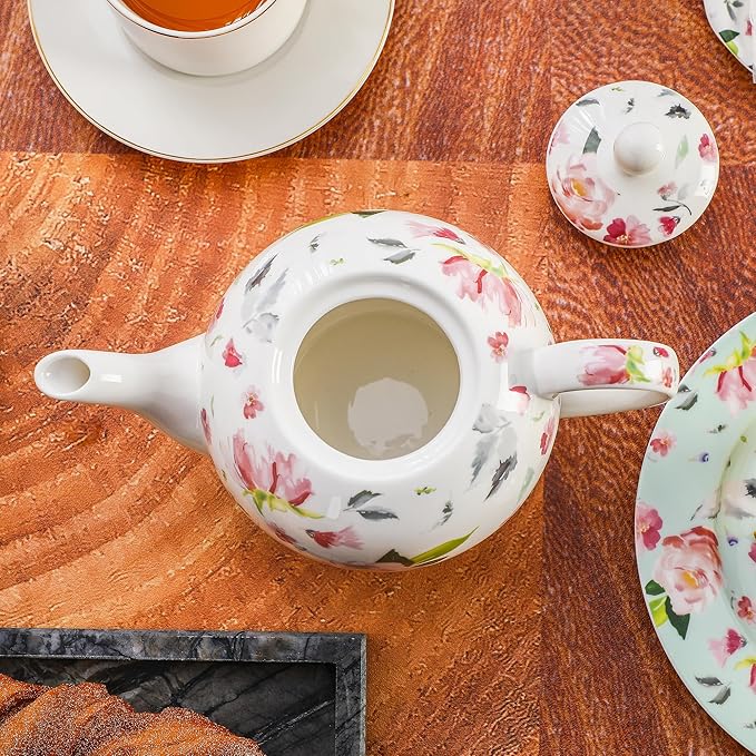 30oz Porcelain Teapot, Floral Design Ceramic Tea Pot for Loose Leaf & Bagged Tea, Classic 3-4 Cups Teapot for Daily Use & Special Occasions