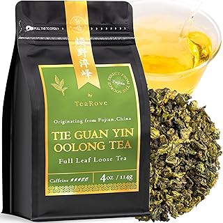 TeaRove Tie Guan Yin Oolong Tea Loose Leaf, Medium Caffeinated, 4oz/114g, Premium Chinese Oolong Tea Whole Leaves, Enjoy Hot or Iced, Orchid Bloom & Woody Hint, Clean Aftertaste