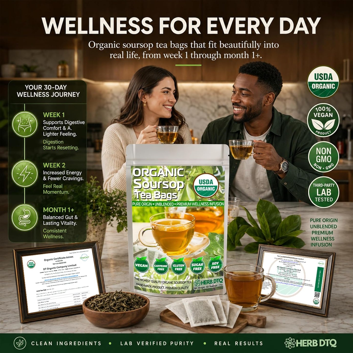HERB DTQ USDA 100% Organic Soursop Graviola Leaf Tea Bags, Non-GMO, 50 Ct | Eco-Conscious Sachets, Sour Sop, Hojas de Guanabana, Vegan, Caffeine-Free, Sugar-Free, Gluten-Free, Sleep &amp; Digestion Support