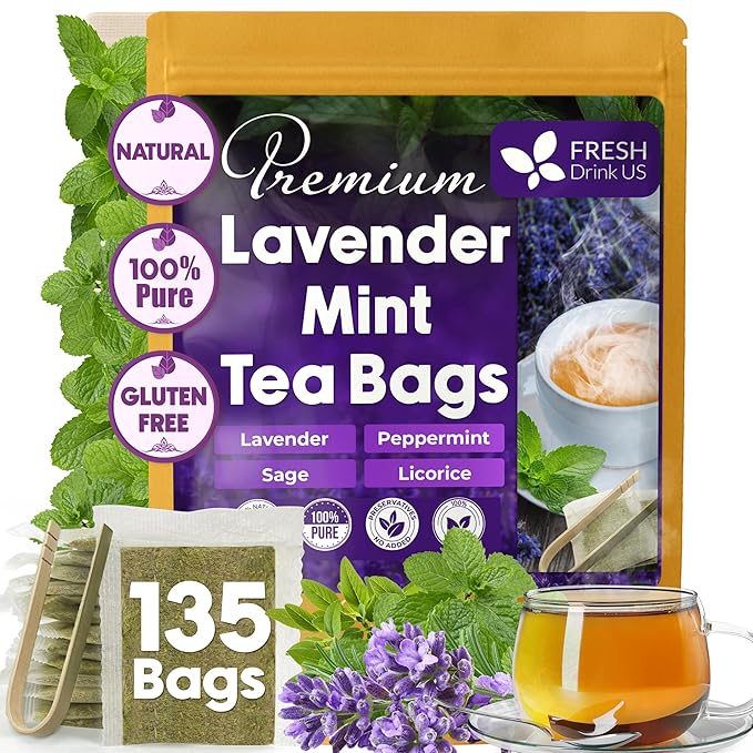 FreshDrinkUS, Premium 135 Tea Bags Lavender Mint Tea, 100% Natural, Blend of Lavender, Peppermint, Sage and Licorice. Made with Natural Material Tea Bags. No Sugar, No Caffeine, Vegan.