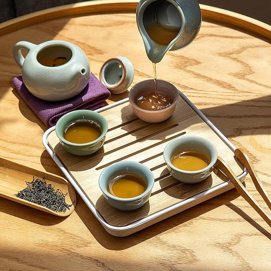 Ceramic Kungfu Tea Sets 12 Piece,Mini Protable Travel Tea Set With Tea Pot, 4x Tea Cups, Bamboo Tea Tray, Tea Canister, Travel Bag
