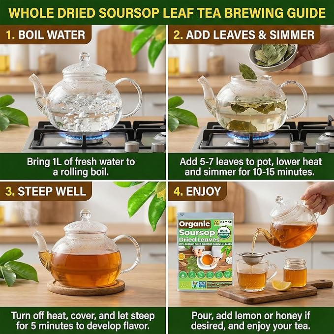 Keyxe Soursop Dried Leaves Tea USDA Organic Certified & Non GMO Verified, Caffeine Free, No Gluten, Vegan, 270-300 Whole Dried Soursop Leaves