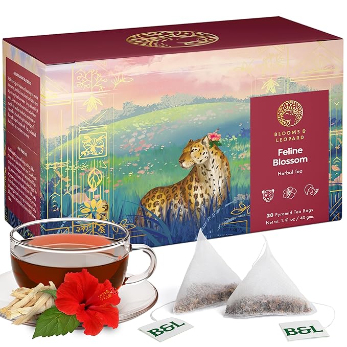 Blooms & Leopard Premium Herbal Tea Bags – Feline Blossom Blend with Hibiscus, Licorice, Fennel, Tulsi & Shatavari – Caffeine-Free Tea