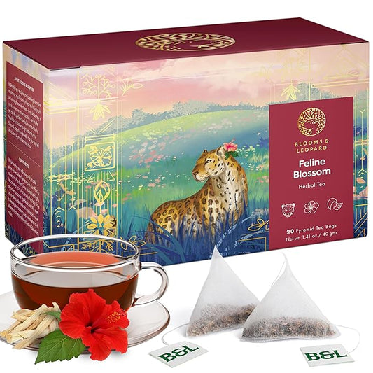 Blooms & Leopard Premium Herbal Tea Bags – Feline Blossom Blend with Hibiscus, Licorice, Fennel, Tulsi & Shatavari – Caffeine-Free Tea