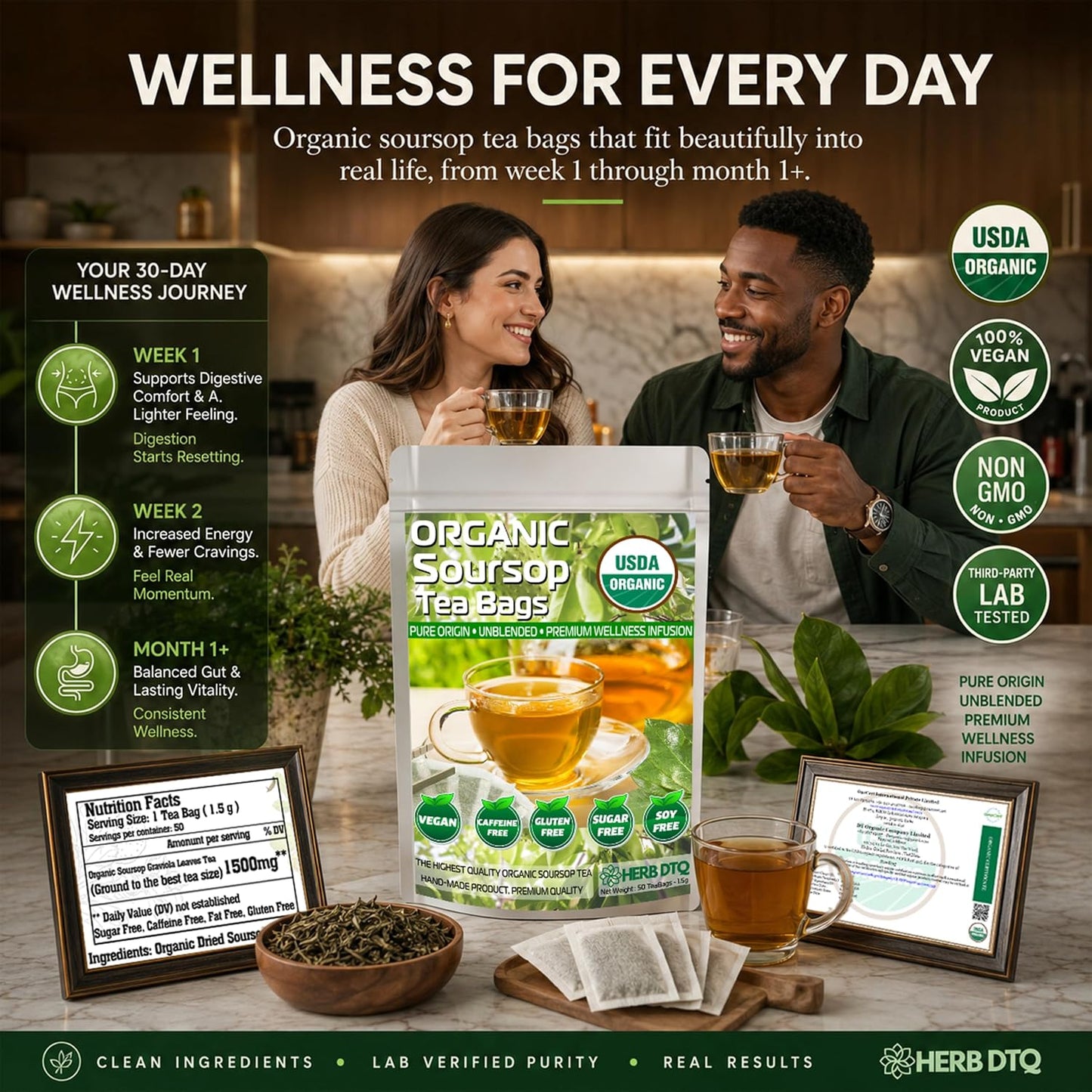 HERB DTQ USDA 100% Organic Soursop Graviola Leaf Tea Bags, Non-GMO, 75 Ct | Eco-Conscious Sachets, Sour Sop, Hojas de Guanabana, Vegan, Caffeine-Free, Sugar-Free, Gluten-Free, Sleep &amp; Digestion Support