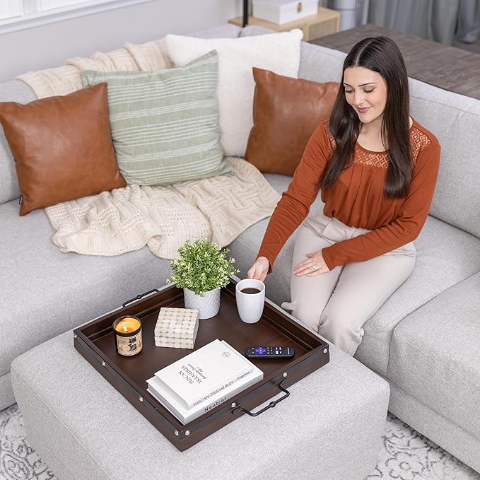 20"x20" Extra Large Square Ottoman Tray, Heavy Duty Mango Wood, for Serving Tea, Breakfast in Bed