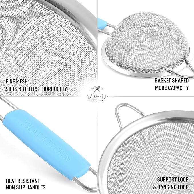 Zulay Kitchen Premium Stainless Steel Fine Mesh Strainer Set - Strainers For Kitchen (Set of 3) With Non-Slip Handles - Includes A Small, Medium & Large Fine Mesh Sieve Set - Durable Metal Strainer