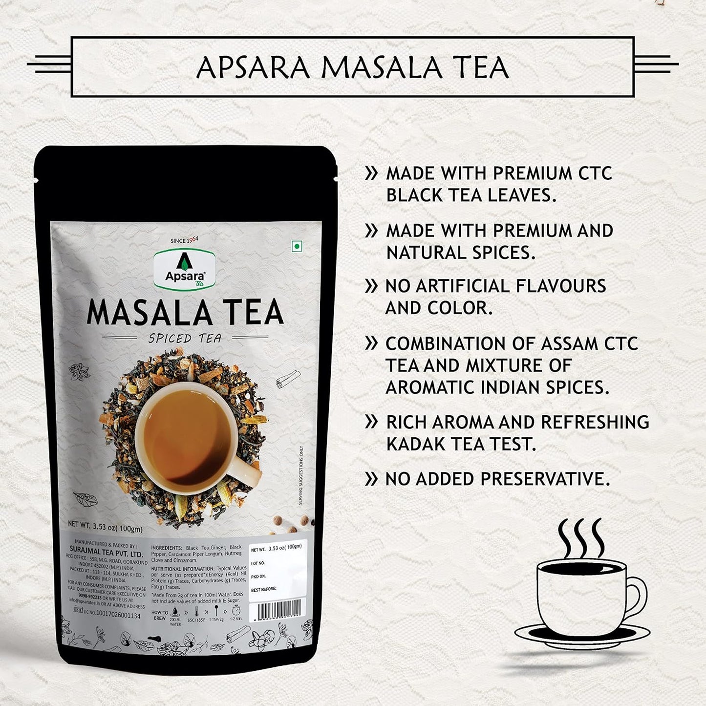 Apsara Masala Chai Tea 100g (3.5 oz), Premium Indian Spiced Tea with Natural Spices (Black Pepper, Clove, Cardamom, Cinnamon, Ginger), Strong & Aromatic Flavor for Milk Tea, Authentic Blend, Pack of 1