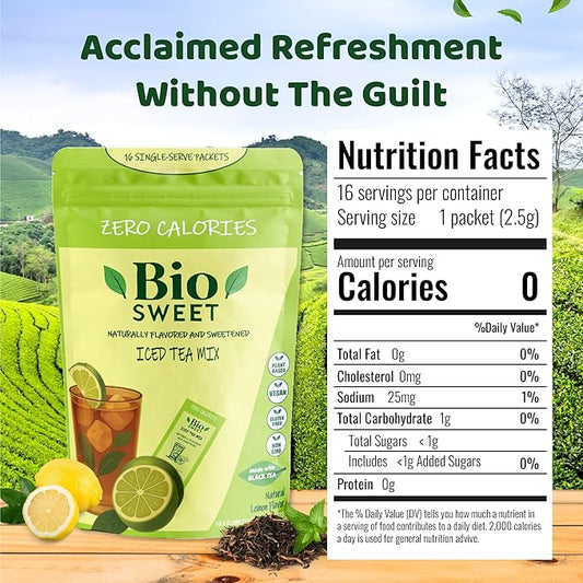 BioSweet Iced Tea Mixes - Lemon Flavor | Zero Calorie Mix from Real Black Tea | Naturally Sweetened & Flavored | Non GMO, Gluten Free, Vegan (16 single-serve packets)