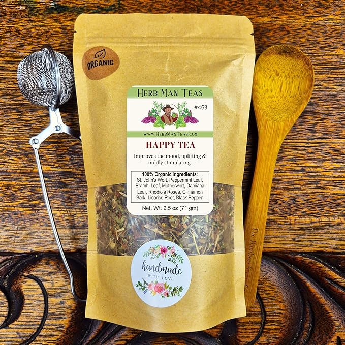 HAPPY TEA — Pleasant Organic Herbal Blend for a Feel-Good Daily Boost — by Master Herbalist Khabir — 100% Organic, Non-GMO, No Additives