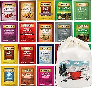 Twinings Tea Bag Sampler Assortment Box with Decorative Cotton Pouch Bag (20 Count) 20 Different Flavours for Tea Lovers: Her, Him, Women, Men, Couples, Family, Friends, Coworkers