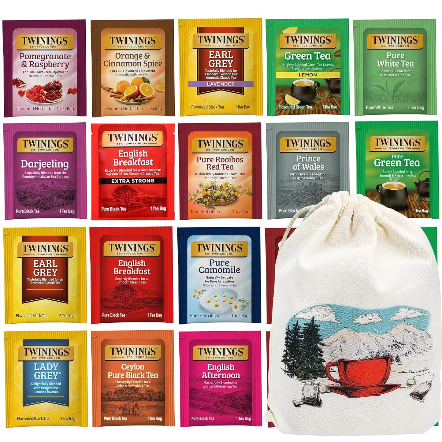 Twinings Tea Bag Sampler Assortment Box with Decorative Cotton Pouch Bag (20 Count) 20 Different Flavours for Tea Lovers: Her, Him, Women, Men