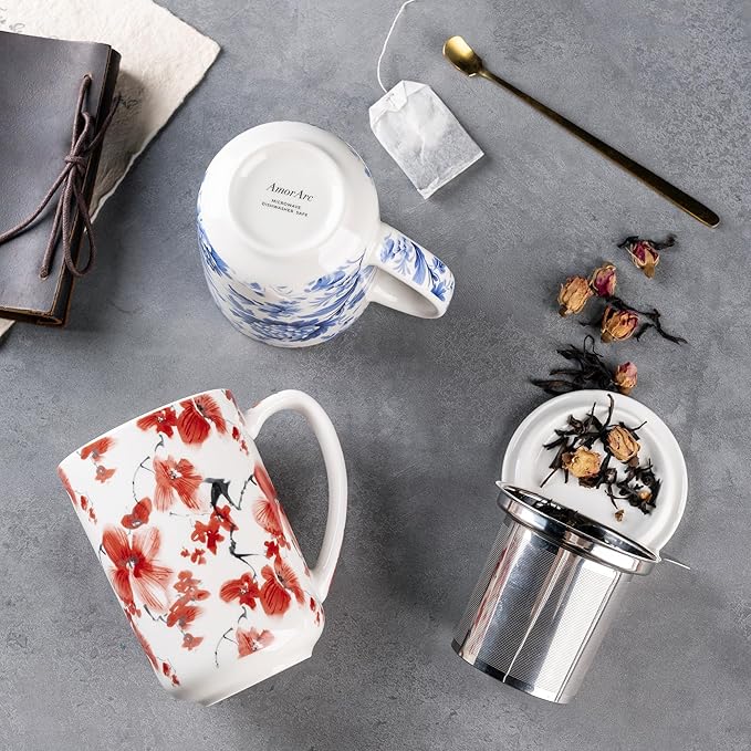 AmorArc Porcelain Tea Mug with Infuser and Lids, 18 Oz Coffee Cup Strainer with Bag Holder for Loose Leaf Tea