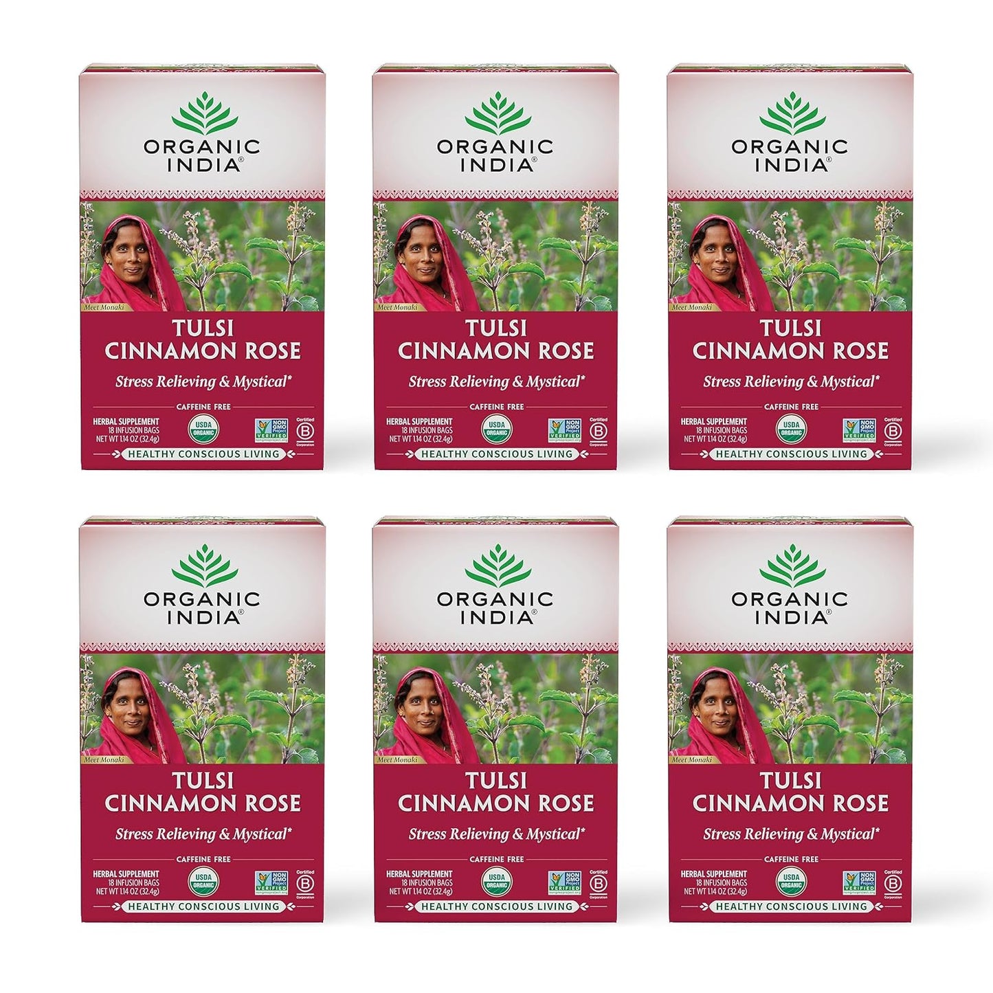 ORGANIC INDIA Tulsi Cinnamon Rose Tea Bags, 18 Infusion Bags, 6 Pack | Tulsi Rose Tea, Cinnamon with Holy Basil, Chamomile, Stevia, USDA Certified Organic Caffeine Free Herbal