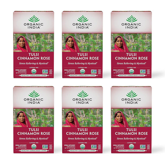 ORGANIC INDIA Tulsi Cinnamon Rose Tea Bags, 18 Infusion Bags, 6 Pack | Tulsi Rose Tea, Cinnamon with Holy Basil, Chamomile, Stevia, USDA Certified Organic Caffeine Free Herbal