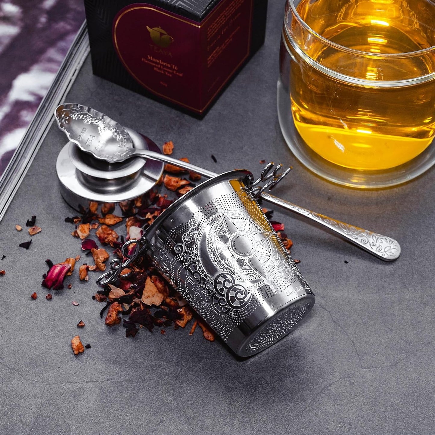 Luxury Tea Strainer Basket Gift Set - Gold Plated Infuser with Engraved Floral Motifs, Crystal Accent Chain for Loose Leaf Tea, Fine Mesh Filter &amp; Ergonomic Handle
