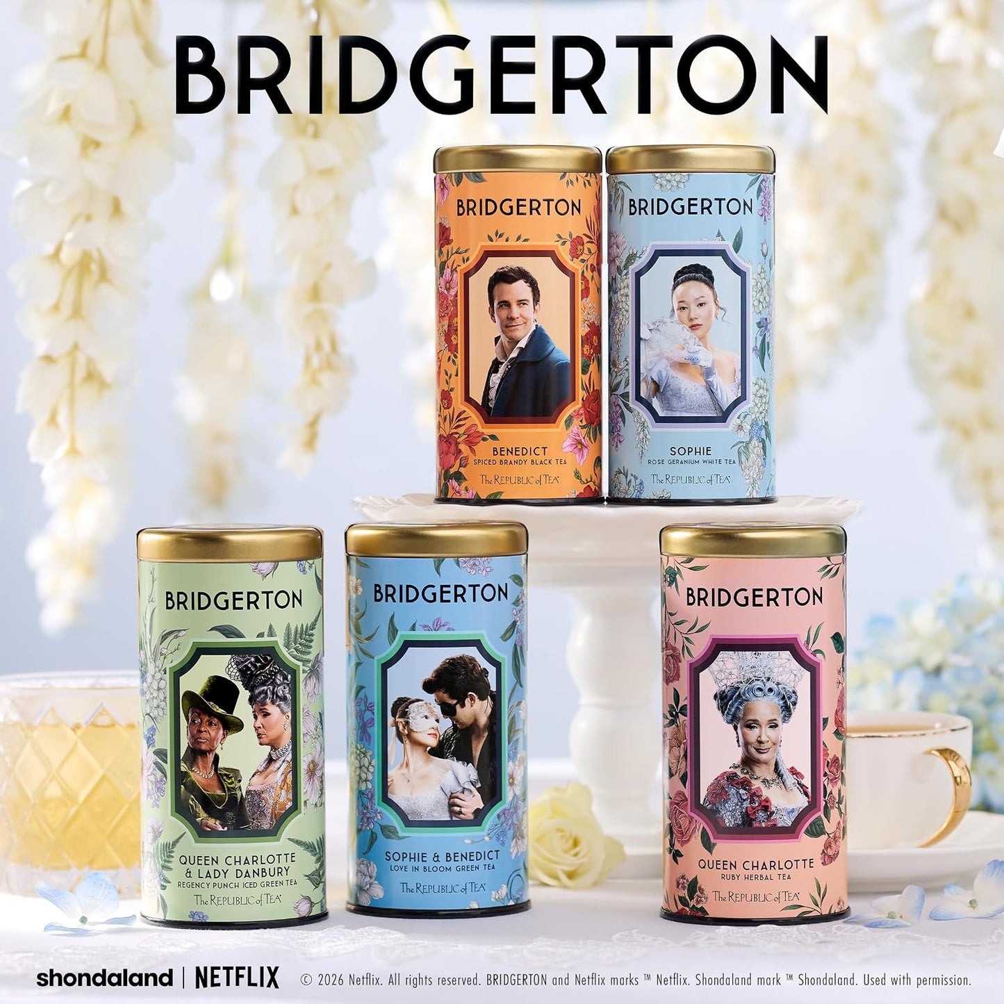 The Republic of Tea Bridgerton Sophie &amp; Benedict Love in Bloom Green Tea | Low Caffeine. 36 Count. A gentle cup for everyday sipping. Fresh with light vegetal notes. Gluten Free.