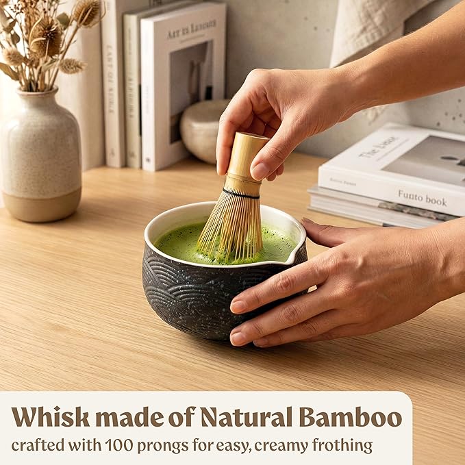 Matcha Kit Whisk Set (7 Pcs) - Complete Matcha Set, Matcha Bowl with with Bowl, Whisk and Holder, Bamboo Spoon/Scoop, Scoop Rester and Sifter incl