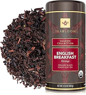 Teabloom Organic Black Tea, English Breakfast Heritage Loose Leaf Tea, Classic Variety from Sewpur Estate, USDA Certified Organic, 3.53 Ounce Loose Leaf Tea Canister Makes 35-50 Cups
