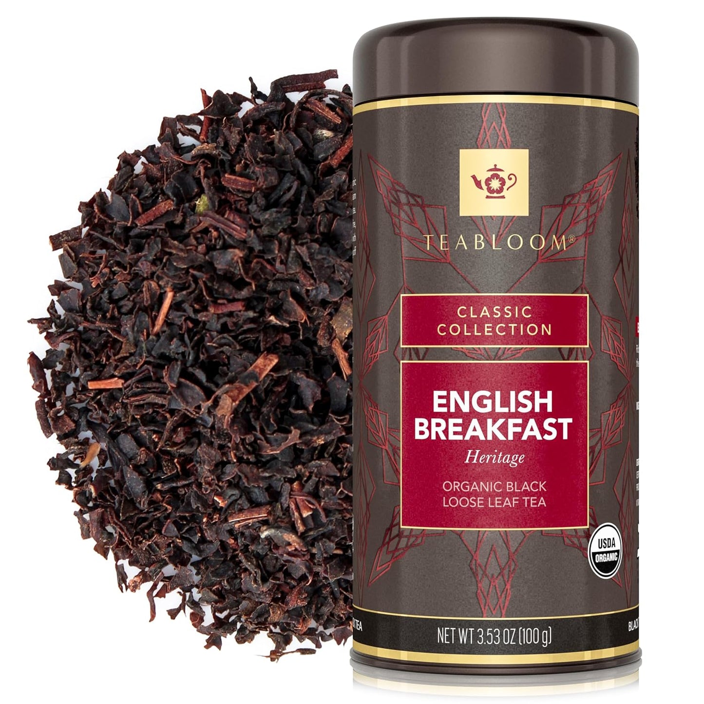Teabloom Organic Black Tea, English Breakfast Heritage Loose Leaf Tea, Classic Variety from Sewpur Estate, USDA Certified Organic, 3.53 Ounce Loose Leaf Tea Canister Makes 35-50 Cups