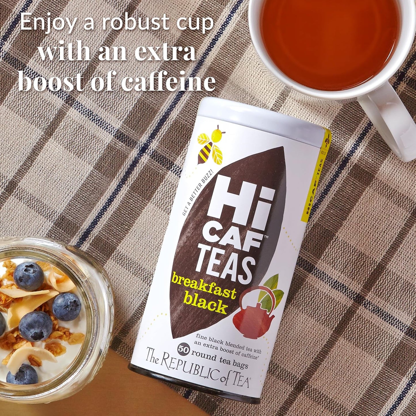 The Republic of Tea HiCAF Breakfast Black Tea, High Caffeine, 50 Count | A bold cup for morning or afternoon. Brisk and full-bodied with notes of roasted root. Gluten Free and Carb Free.