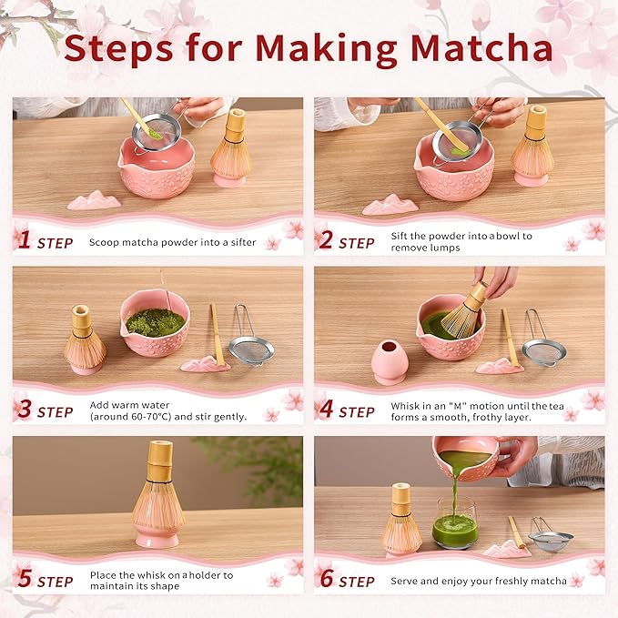 Matcha Whisk Set - 6Pcs Matcha kit matcha set Includes Ceramic Matcha Bowl Bamboo Matcha Whisk+ Holder, Bamboo Scoop& Scoop Holder, and Stainless Steel Sifter matcha set kit for Matcha Lovers (Pink)