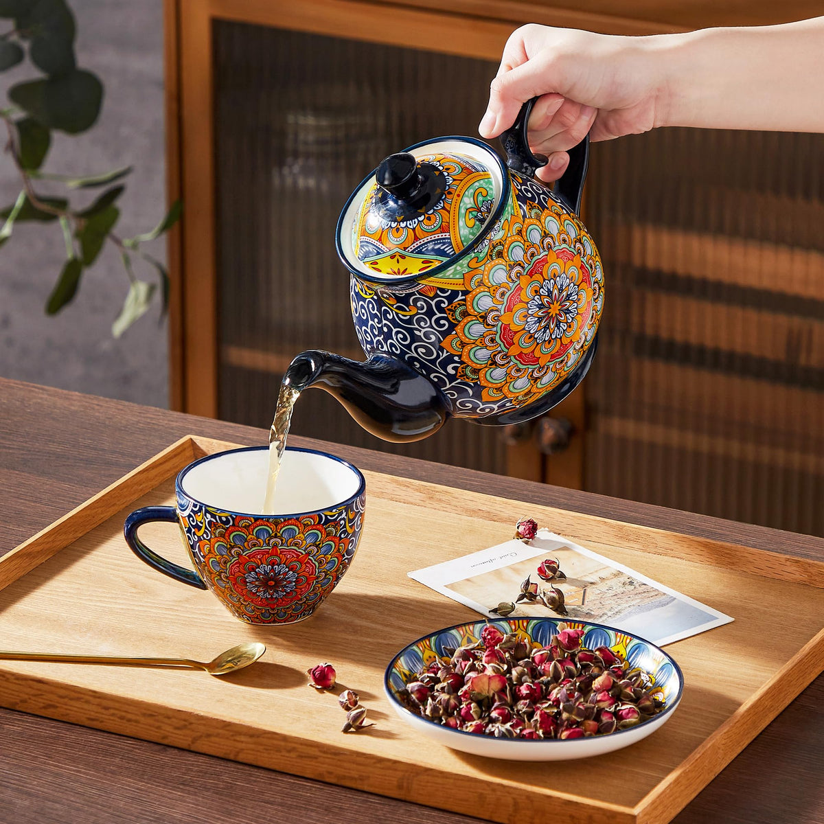 vancasso SIMI 28 oz Porcelain Teapot, Bohemian Ceramic Tea Pot with Regal Bloom Pattern, Microwave & Dishwasher Safe
