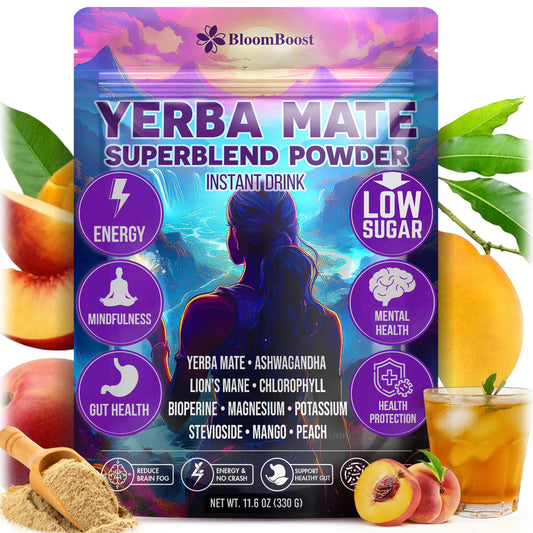BloomBoost Yerba Mate Tea Powder w/Lion's Mane, Peach Mango, 30 Servings