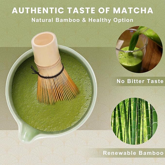 Matcha Whisk and Bowl with Ceramic Matcha Whisk Holder,Matcha Sifter, Matcha Spoon and Scoop Handmade from Natural Bamboo,Matcha Making Kit Cyan