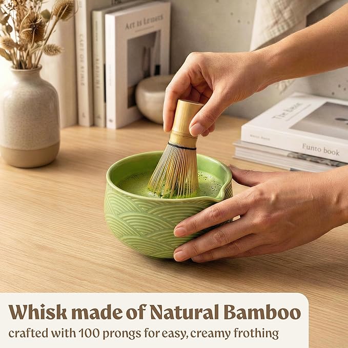 Matcha Kit Whisk Set (7 Pcs) - Complete Matcha Set, Matcha Bowl with Spout, Whisk with Holder, Bamboo Scoop with Rest and Sifter