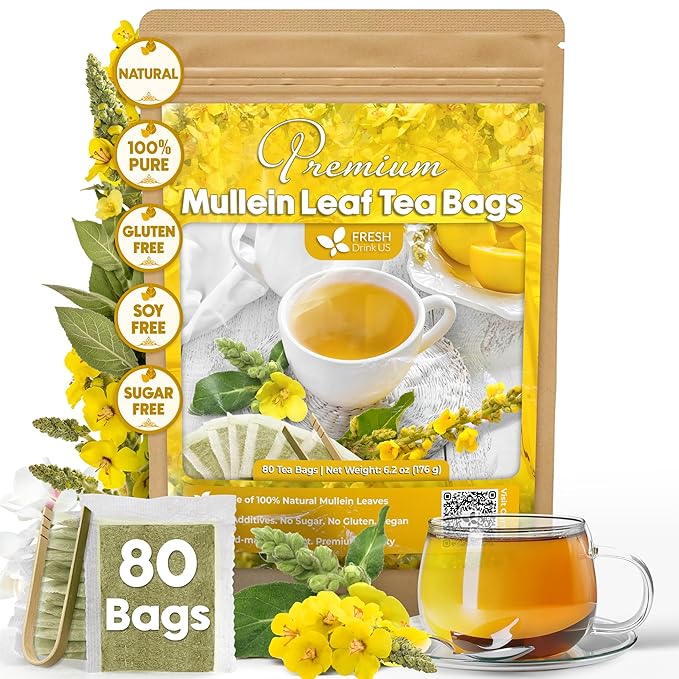 FreshDrinkUS, Premium 80 Mullein Leaf Tea Bags – 100% Natural, Pure, & Caffeine-Free Herbal Tea for Lung – Loose Leaf, No Sugar, Vegan, Gluten-Free