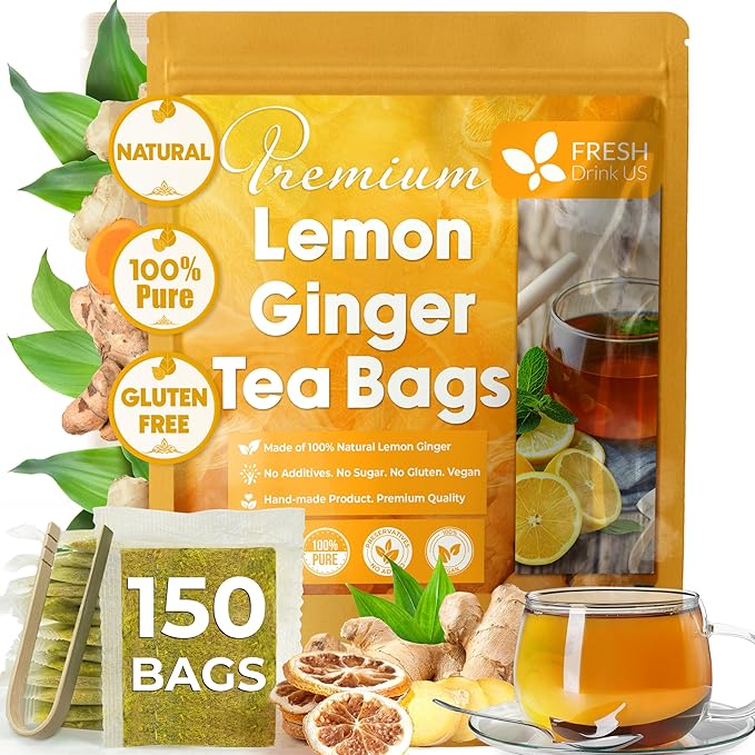 FreshDrinkUS, Premium 150 Lemon Ginger Tea Bags, 100% Natural Ingredients, Hand-made Blend of Lemon and Ginger, Eco-conscious Tea Bags. No Sugar, No Caffeine, Vegan.