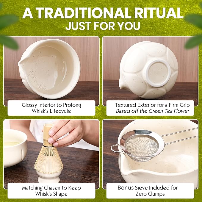Matcha Whisk Set – 5 Piece Japanese Matcha Tea Set w/Ceramic Matcha Bowl, 100-Prong Bamboo Whisk & Holder, Scoop, & Stainless Sifter – Traditional Matcha Making Kit (Off-White)