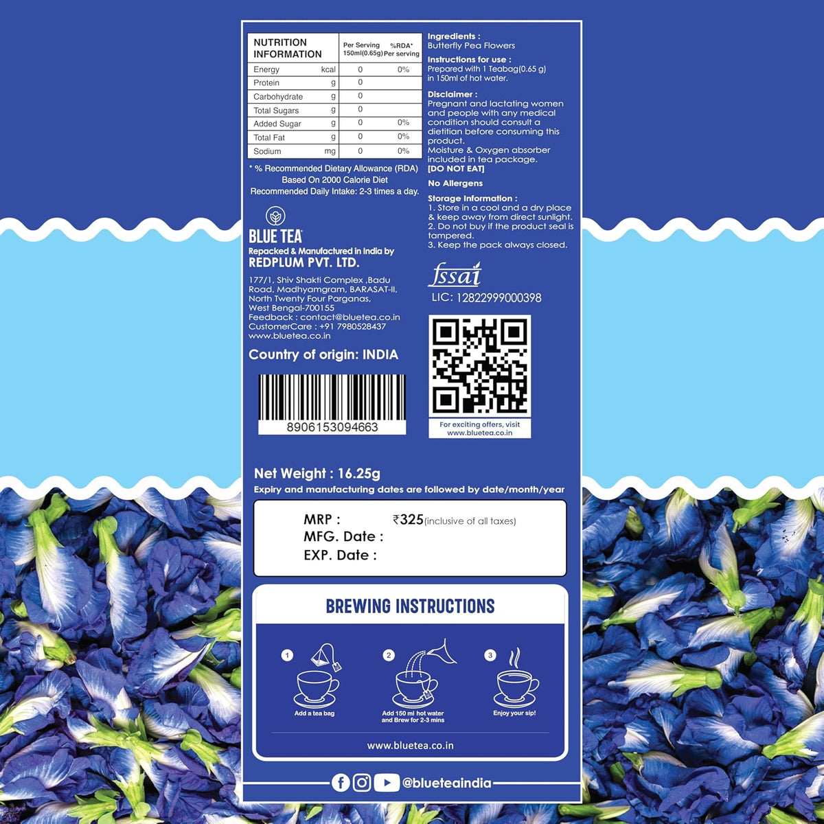 BLUE TEA - Butterfly Pea Flower Tea - 25 Count - Plant Based Tea Bags