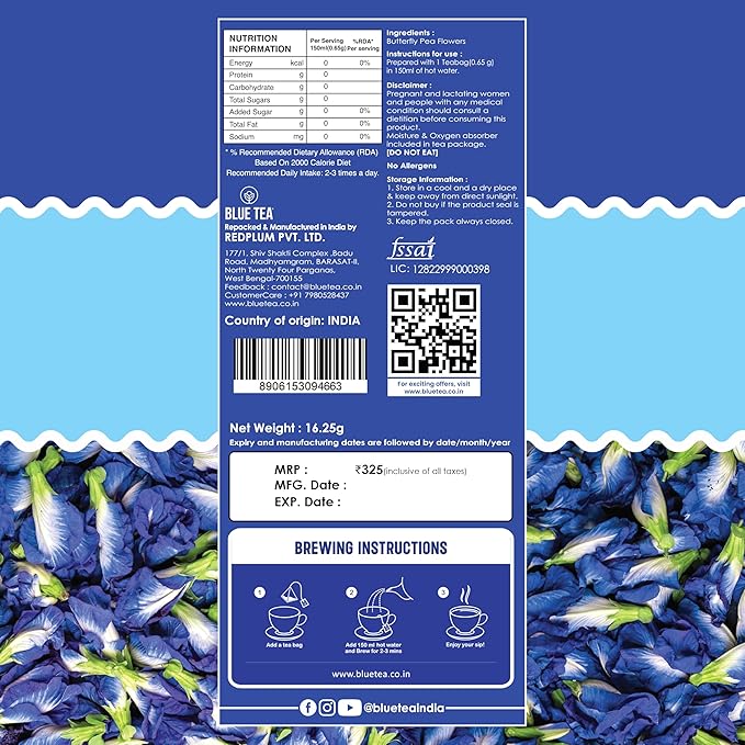BLUE TEA - Butterfly Pea Flower Tea - 25 Count - Plant Based Tea Bags | Antioxidant Rich | Herbal Tea - Caffeine free - Non Bitter - No Preservatives - Chemical Free | Single Tear Box | Easy Pull Sachets
