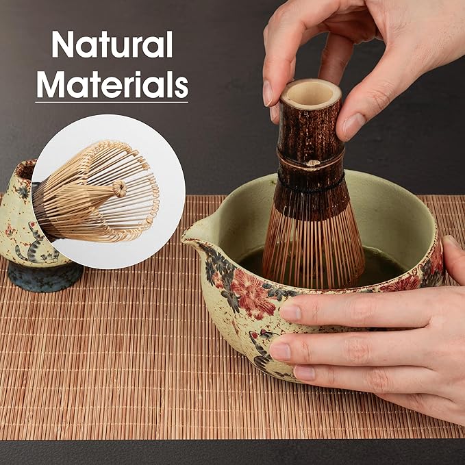 7-Piece Matcha Set with Matcha Bowl, Bamboo Whisk (Chasen) & Holder, Sifter, Tea Scoop & Rest, Special Bamboo Tea Mat