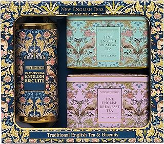 New English Teas Traditional Tea & Cookies Gift Set with 80 English Breakfast Teabags & Cornish Cookies