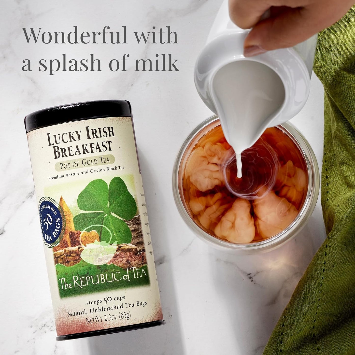 The Republic of Tea Lucky Irish Breakfast Black Tea, 50 Count | Naturally Caffeinated. Made for morning or afternoon sipping. Brisk and full-bodied. Gluten Free and Kosher.