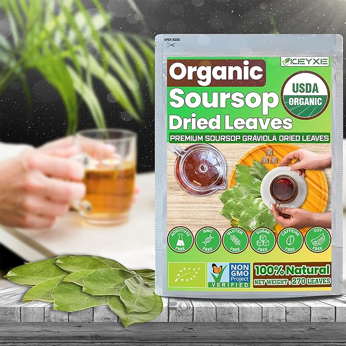 Keyxe Soursop Dried Leaves Tea USDA Organic Certified & Non GMO Verified, Caffeine Free, No Gluten, Vegan, 270-300 Whole Dried Soursop Leaves