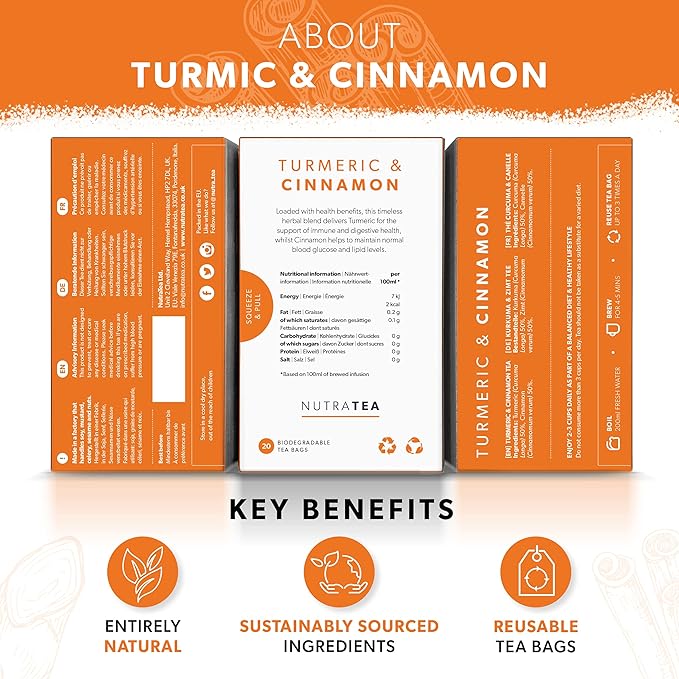 Nutra Tea Turmeric & Cinnamon Tea | Turmeric Tea - 120 Individually Wrapped Bags - Herbal Infusion (6 Pack)